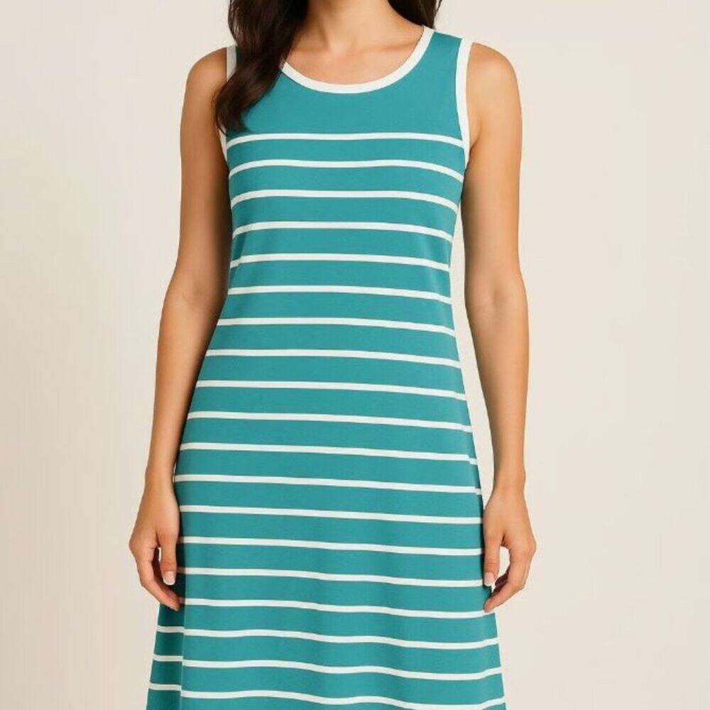 STS Sail to Sable turquoise blue white striped sleeveless knit mini dress L